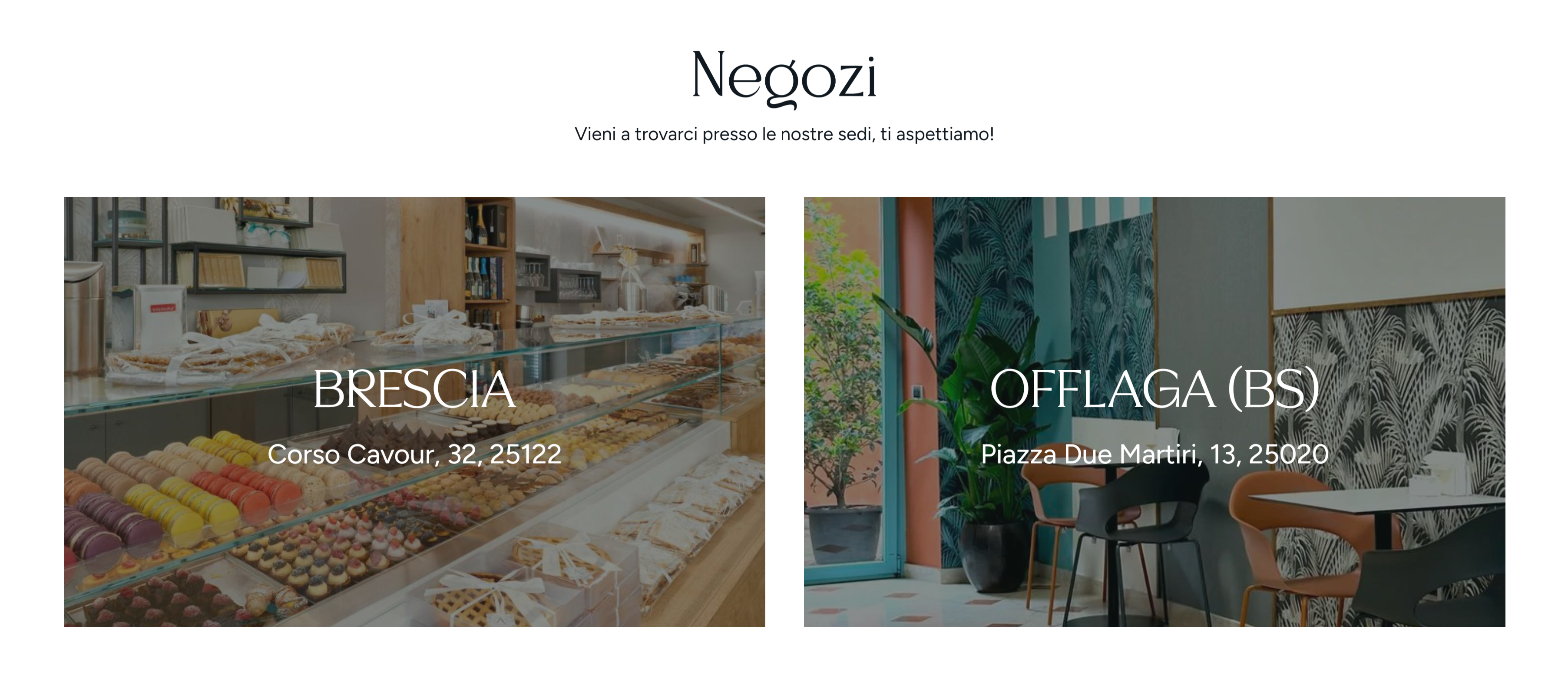 La sezione «Negozi» del sito: le sedi di Brescia e Offlaga